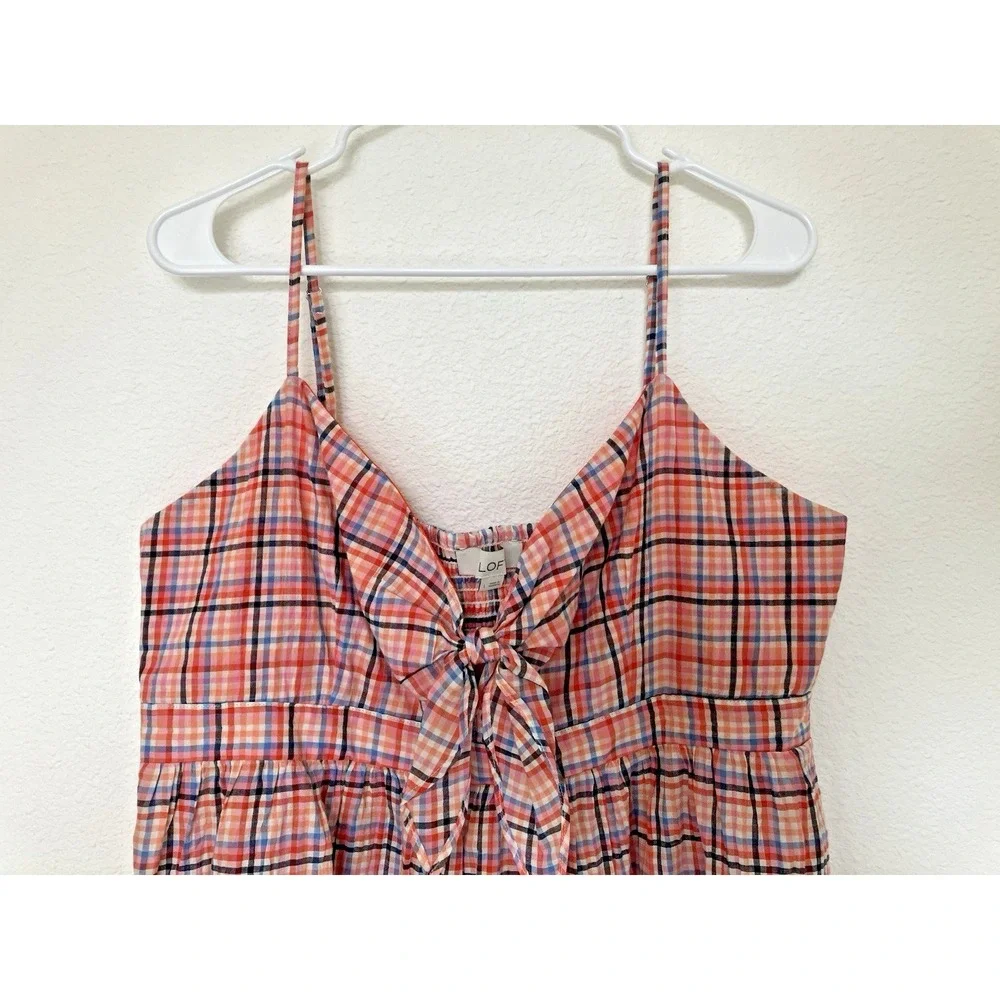 Loft Womens Babydoll Top Size L Seersucker Plaid Smocked Preppy Cottage‎ Retro